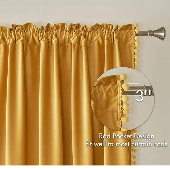 Miulee 63x52 Velvet Pom Pom Mustard Yellow Curtains Room Darkening Thermal Set 2 - Picture 3 of 10